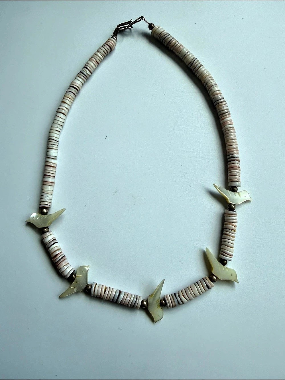 14.5” Carved Shell Bird Necklace Five Birds Heishi Bead Choker Boho